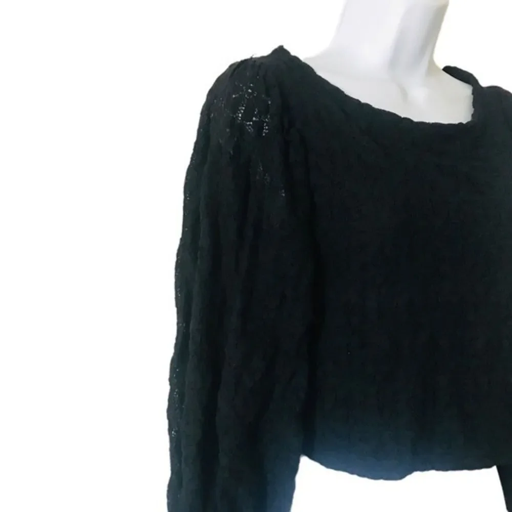 NWT Free People Tea Time top S Black Lace Puff Sleeve cutout cropped Whimsigoth